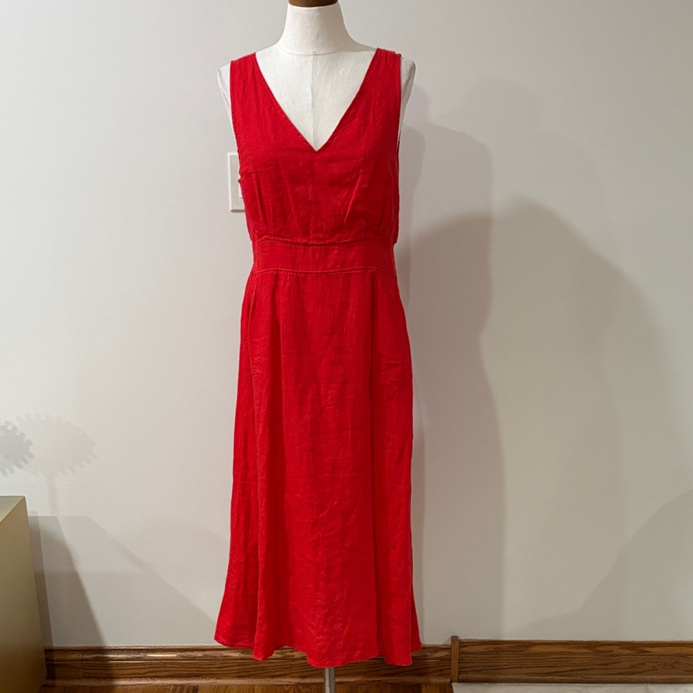Cynthia Rowley linen Red V-Neck Sleeveless Midi Dress empire waist fit flare 12